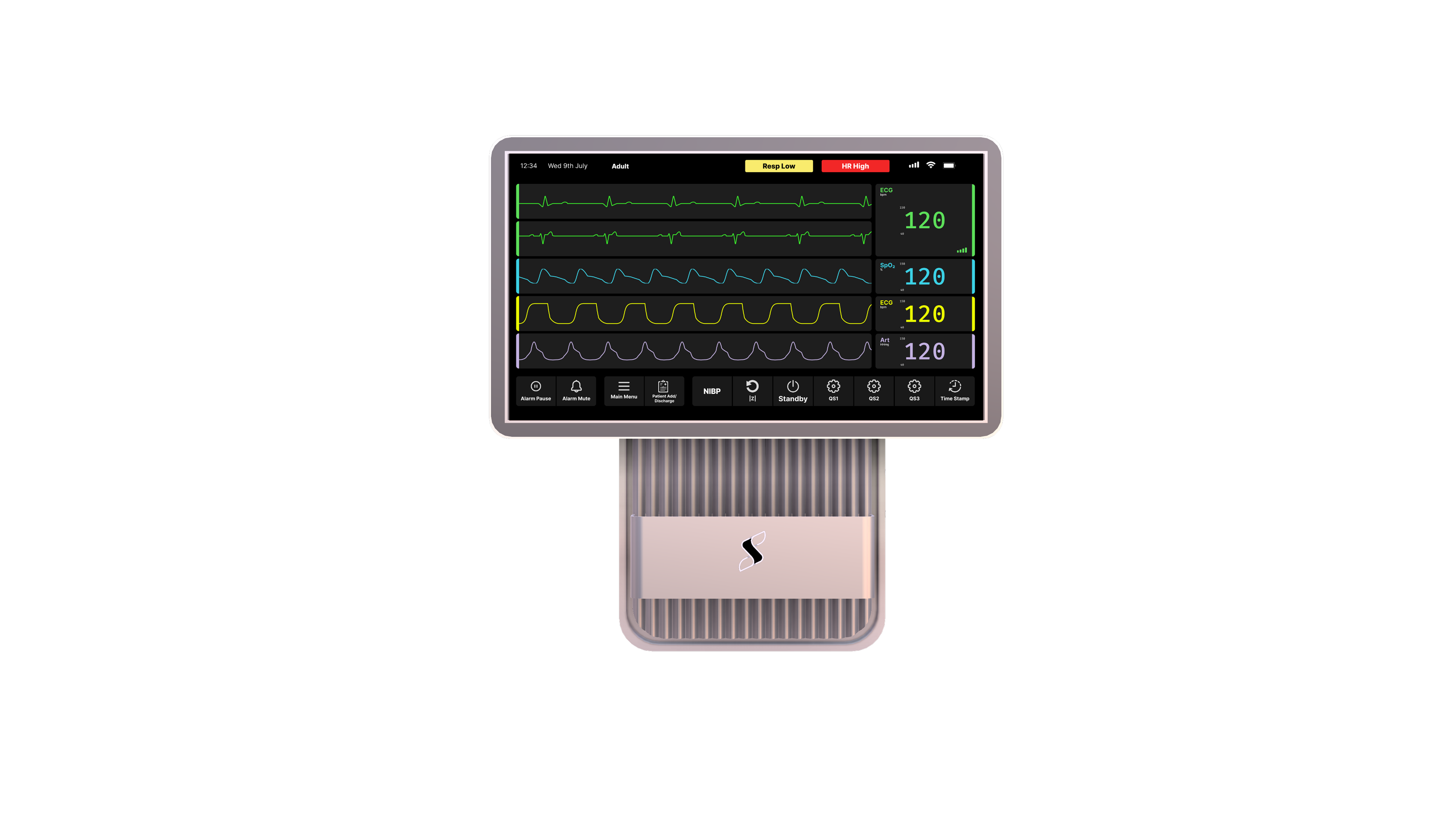 Aura patient monitor showing ECG, SpO2, respiration, heart rate, and alert status